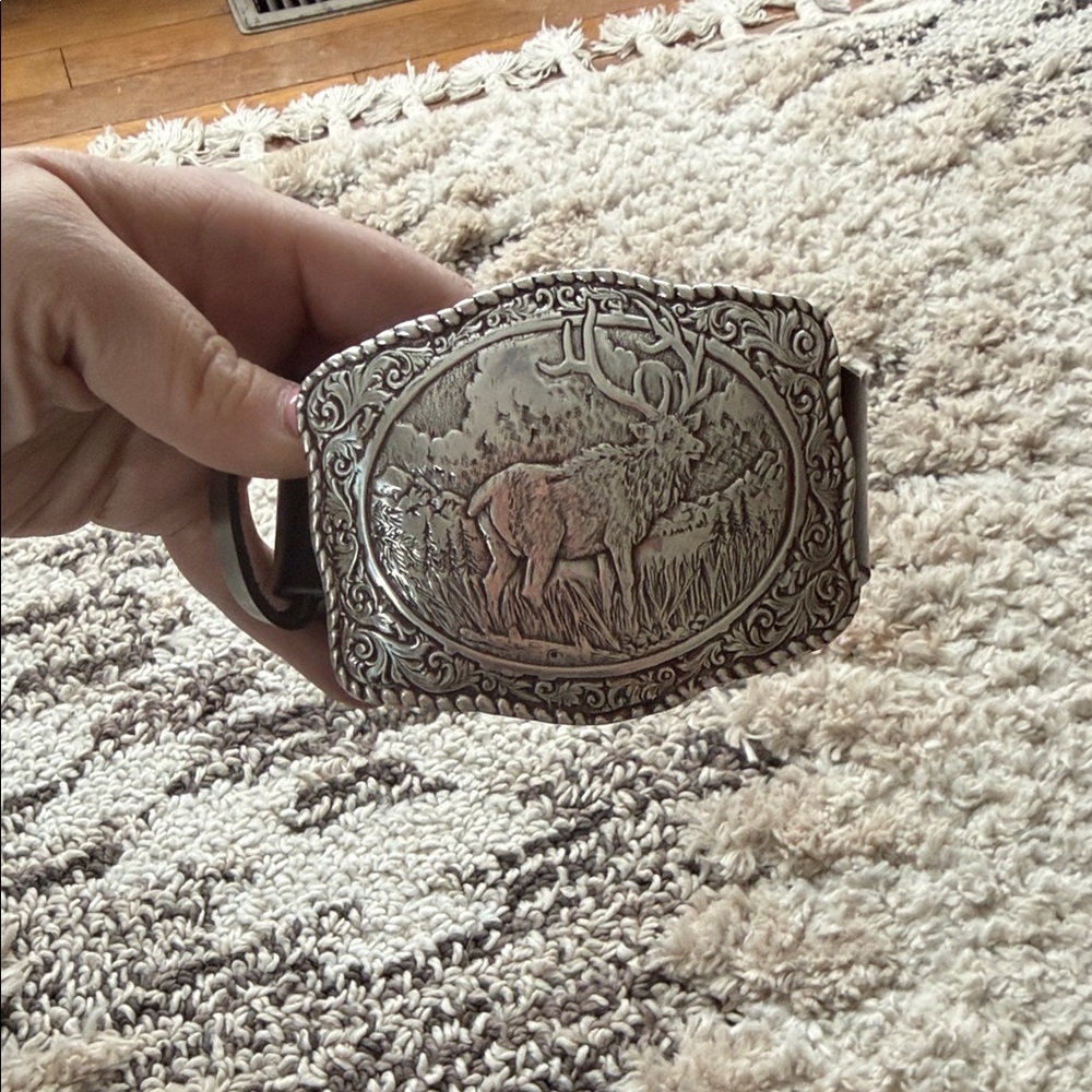 Engraved Silver Belt Buckle with Elk Design